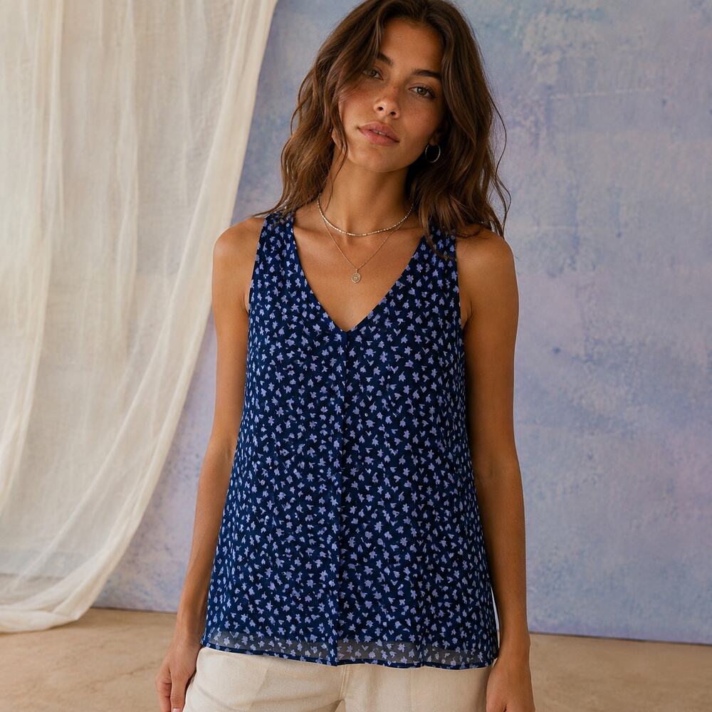 CAbi Island Tank 5916 Navy Lilac Floral Mesh V-Neck Top Small Boho Resort Casual